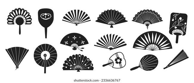 Oriental fans silhouettes. Asian traditional hand fans, elegant oriental japanese monochrome decorative elements. Vector isolated set of fan oriental traditional illustration