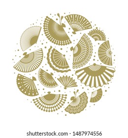 Oriental fans silhouettes round label on white background, vector illustration