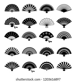 Oriental fans silhouettes. Vector chinese or japanese paper fan symbols isolated on white background