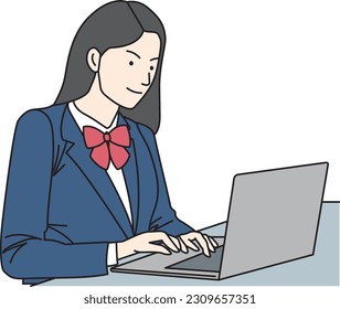 Oriental female student using a laptop computer
