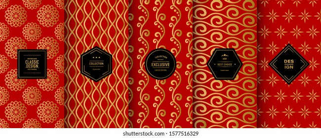 Oriental festival patterns. Set of seamless vector patterns. Chinese motif background. Patterns for traditional celebrations, invitation, scrapbooking and luxury design. Vintage golden red color