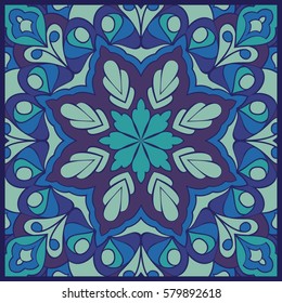 Oriental filigree pattern of mandala. Vector turquoise and purple background. Colorful template for textile, carpet, wallpaper, shawl.