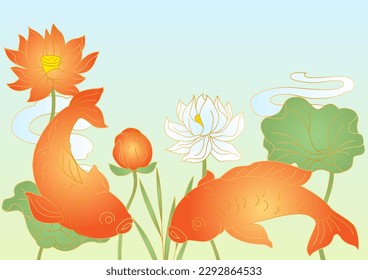 Oriental fish and lotus illustration. Chinese and japanese traditional background.