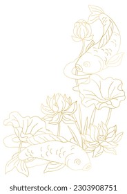 Oriental fish and lotus illustration. Chinese and japanese traditional background.