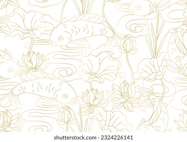 Oriental fish and lotus pattern. Chinese and japanese traditional background.