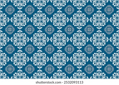 Oriental flora damask seamless pattern embroidery, art ornament print.  Design for tile, carpet, cover, wallpaper, wrapping paper, fabric, clothing, bag, and decoration.