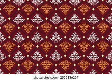 Oriental flora damask seamless pattern embroidery, art ornament print.  Design for tile, carpet, cover, wallpaper, wrapping paper, fabric, clothing, bag, and decoration.