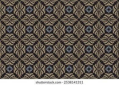 Oriental flora damask seamless pattern embroidery, art ornament print. Design for tile, carpet, cover, wallpaper, wrapping paper, fabric, clothing, bag, and decoration.