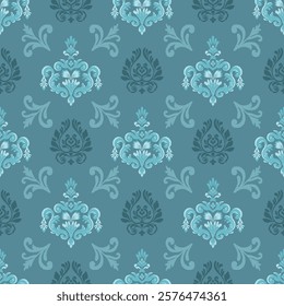 Oriental Flora Damask Seamless Pattern Embroidery. Indian style. Art Ornament print. Design for carpet, cover, wallpaper, wrapping, fabric and clothing on blue background.