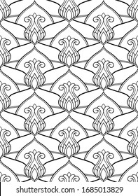 Oriental floral background. Black and white elegant ornament. Template for carpet, wallpaper, textile and any surface. Seamless vector pattern.