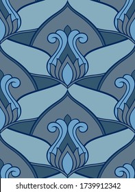 Oriental floral background. Blue elegant ornament. Template for carpet, wallpaper, textile and any surface. Seamless vector pattern. 