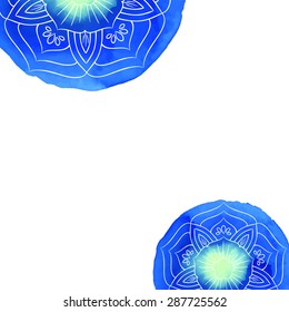 Oriental floral background. Blue lotus flowers on watercolor blots in vector. Place for your text.