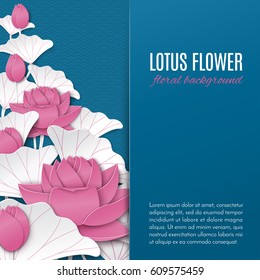 Oriental Floral Background With Pink Lotus Flowers On Blue Pattern Backdrop With Place For Your Text For Greeting Card, Poster, Banner Or Flyer Decoration, Paper Cut Out Style, Vector Illustration