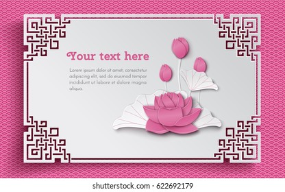 Oriental Floral Background With Pink Lotus Flowers And Ornate Cut Frame On White Pattern Backdrop For Greeting Card, Paper Cut Out Style. Caption Lotus Flower, Vector Illustration