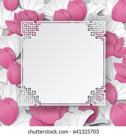 Oriental Floral Background With Pink Lotus Flowers And Chinese Ornate Cuted Frame On White Backdrop For Greeting Card, Poster Or Banner. Space For Text, Paper Cut Out Art Style, Vector Illustration