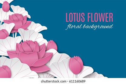 Oriental Floral Background With Pink Paper Carved Lotus Flowers Decoration On Blue Backdrop For Greeting Card, Paper Craft Or Paper Cut Out Style. Vector Illustration