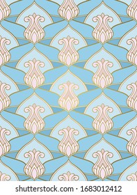 Oriental floral background. Turquoise and pink elegant ornament. Template for carpet, wallpaper, textile and any surface. Seamless vector pattern.