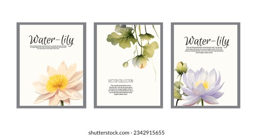 Oriental floral cards with pink lotus flowers for invitation. Watercolor lily isolated on white background, vector illustration