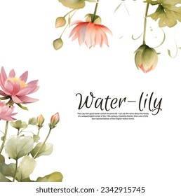 Oriental floral cards with pink lotus flowers for invitation. Watercolor lily isolated on white background, vector illustration