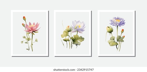 Oriental floral cards with pink lotus flowers for invitation. Watercolor lily isolated on white background, vector illustration