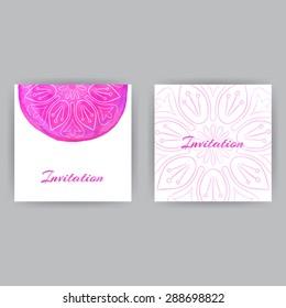Oriental floral cards with pink lotus flowers for invitation. Square template. Watercolor elements in vector. Place for your text. 