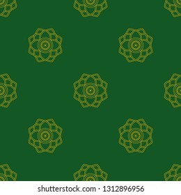 Oriental floral fabric print in green, yellow colours. Allover folk vector pattern for adult colouring book, interior, wallpaper, apparel textile, phone case. Eastern linear geometric flower design