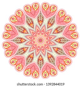 Oriental floral mandala with peacock feathers on a white background
