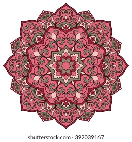 Oriental floral mandala. Vector round ornament. Stylized pink pattern.