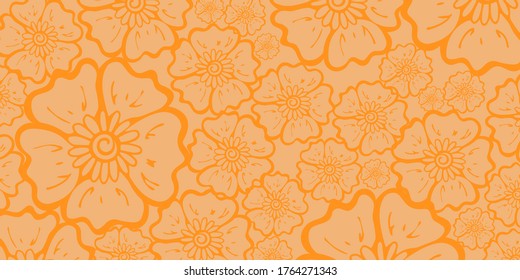 Oriental floral motif for template, banners. Hand drawn sketch doodle style design. Orange monochrome flower background. Vector 10
