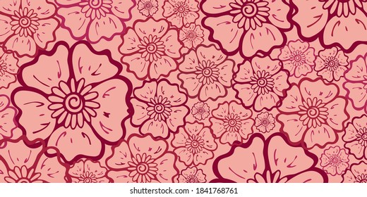 Oriental floral motif for template, banners. Hand drawn sketch style design. Powdery pink monochrome flower background. Vector eps 10, Editable mask