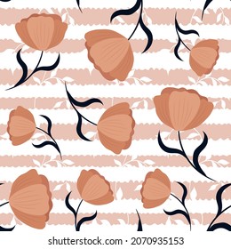 Oriental floral natural seamless pattern with big pink tulips and pink patterned stripes on background. Great for wallpaper, fabric, packaging.