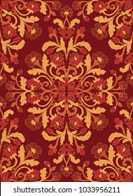 Oriental floral ornament. Colorful template for carpet, shawl, textile and any surface. Ornamental red pattern with filigree details.