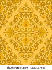 Oriental floral ornament. Colorful template for carpet, shawl, textile and any surface. Ornamental yellow pattern with filigree details.