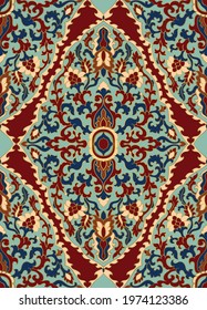 Oriental floral ornament. Colorful template for carpet, shawl, textile and any surface. Ornamental pattern with filigree details.