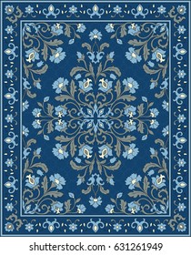 Oriental floral ornament. Colorful template for carpet, shawl, textile and any surface. Ornamental blue pattern with filigree details.
