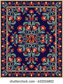 Oriental floral ornament. Colorful template for carpet, shawl, textile and any surface. Ornamental blue pattern.