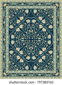 Oriental floral ornament. Colorful template for carpet, textile. Blue pattern with frame.