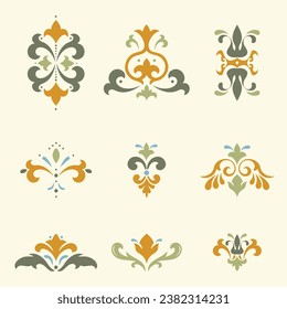 Oriental floral ornament. Damask graphic elements. Imperial rococo decor. For seamless patterns, wrapping paper, greeting and business cards, wedding invitations, textile, t-shirt prints etc.