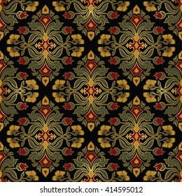 Oriental, floral ornament with damask. Templates for carpet, textile, wallpaper and any surface. Seamless vector pattern of gold contours on a black background.