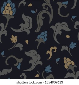 Oriental floral ornament. Dark template for shawl, textile wallpaper, and any surface. Ornamental pattern with filigree details.