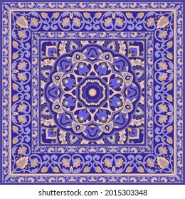 Oriental floral ornament with frame. Blue carpet. Template for textile, cushion, shawl, tapestry, handkerchief.