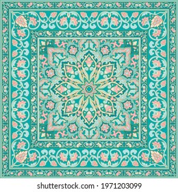 Oriental floral ornament with frame. Turquoise and pink carpet. Template for textile, cushion, shawl, tapestry, handkerchief.