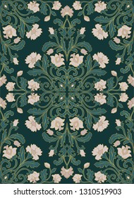 Oriental floral ornament. Green template for carpet, shawl, textile and any surface. Ornamental pattern with filigree details.