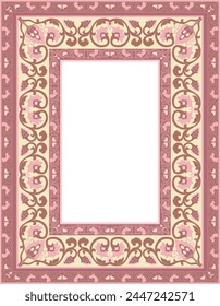 Ornamento floral oriental. Diseño rosa y beige para marco, tarjeta, borde. Patrón de Vector con lugar para su texto, foto o espejo.