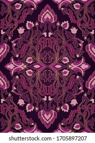 Oriental floral ornament. Template for carpet, textile and any surface. Seamless lilac pattern on a dark background.