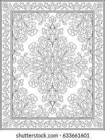 Oriental floral ornament. Template for carpet, shawl, textile and any surface. Ornamental black and white pattern with filigree details.