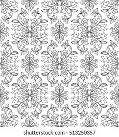 Oriental, floral ornament. Templates for carpet, textile, wallpaper and any surface. Seamless vector pattern of black contour on a white background.