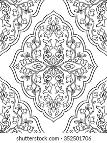 Oriental, floral ornament. Templates for carpets, textiles and any surface. Seamless vector pattern of black contours on a white background.