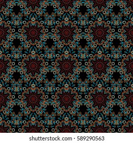 Oriental, floral ornament. Templates for carpets, textiles, wallpaper and any surface. Vector seamless pattern of red, beige and orange ornament on a black background.