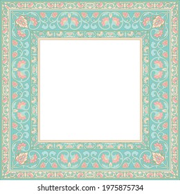 Oriental floral ornament. Turquoise template for frame, card, border. Vector pattern with place for your text, photo or mirror.